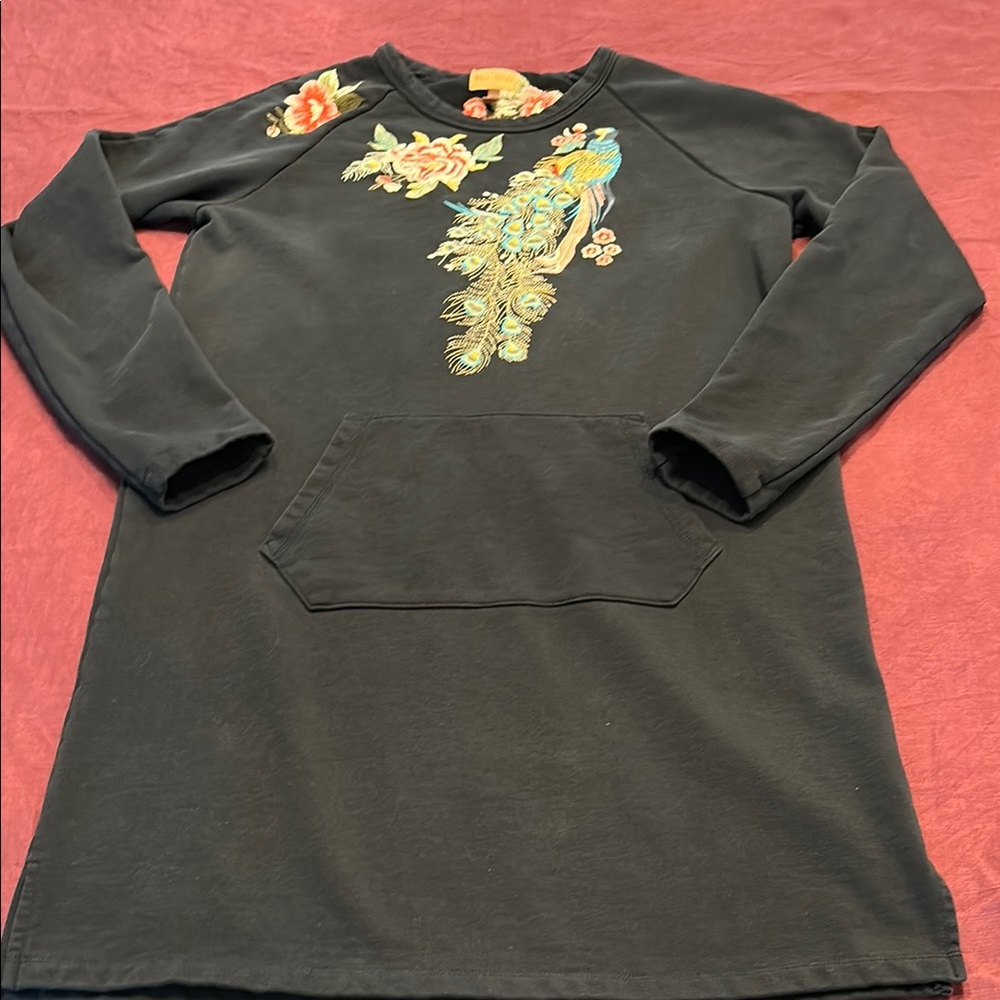 DRIFTWOOD Black Sweatshirt dress tunic top embroidered floral & peacock feathers